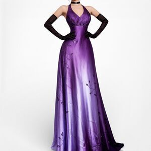 Vintage Purple Gradient Ombre Floral Beaded Satin Bodycon Maxi Dress Size M/L